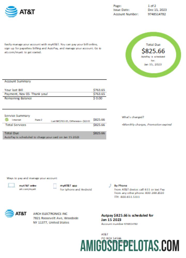SCR da conta de serviços públicos fácil de preencher da Texas AT&T exemplo real